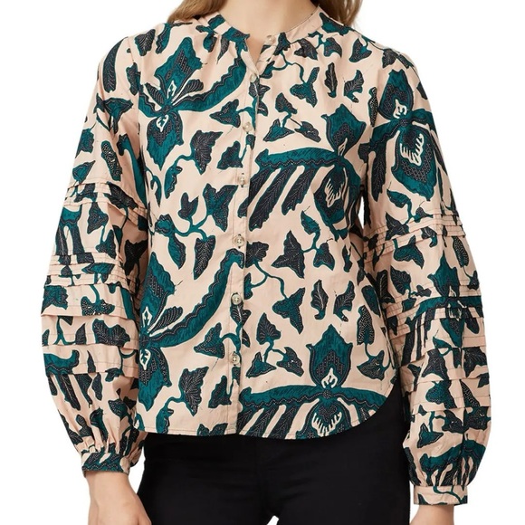 Ulla Johnson Tops - Ulla Johnson Melati Green and Black Print on a Pink Background-Lantern Sleeves-8